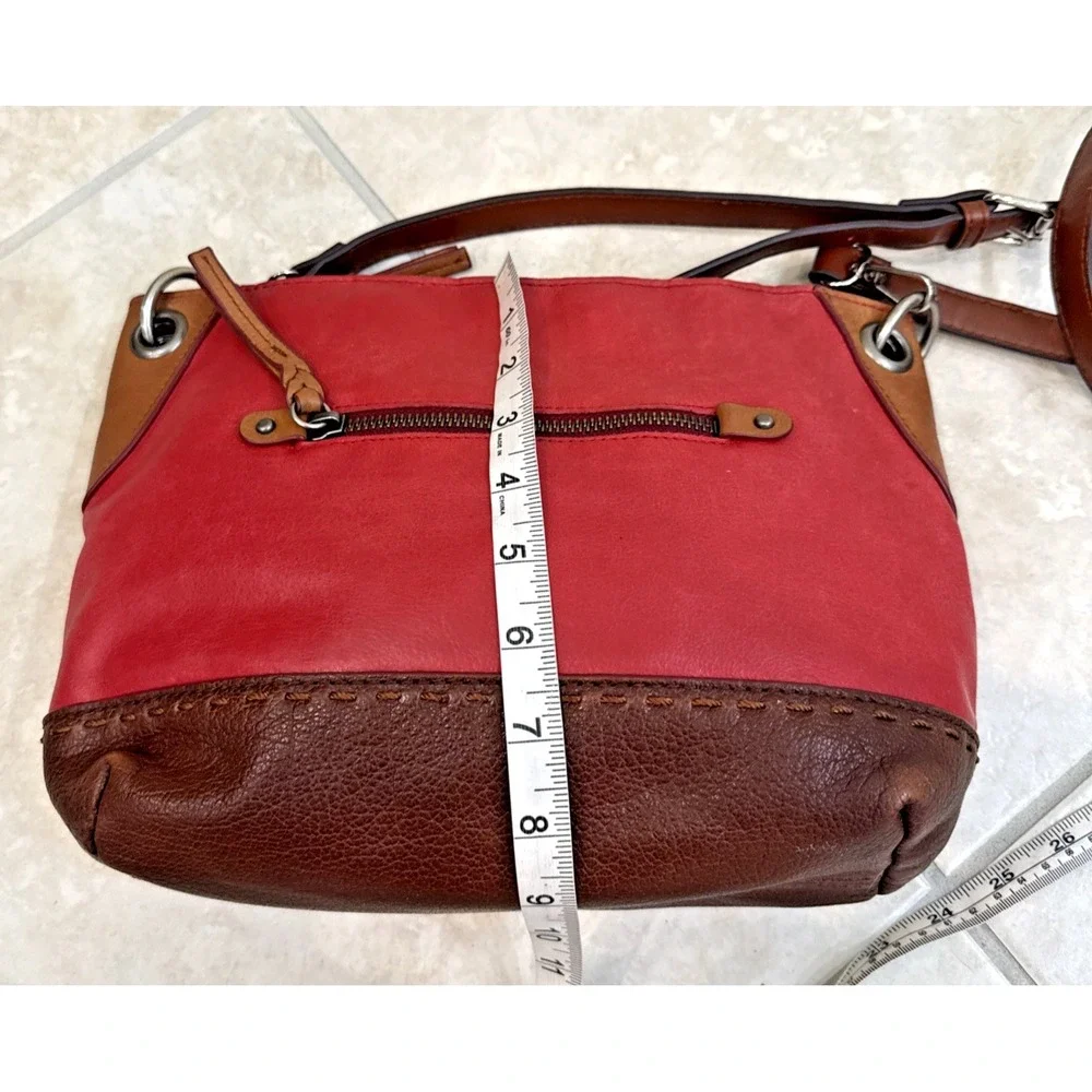 The Sak Red & Brown Leather Crossbody Shoulder Purse Bag Outside‎ pockets Boho